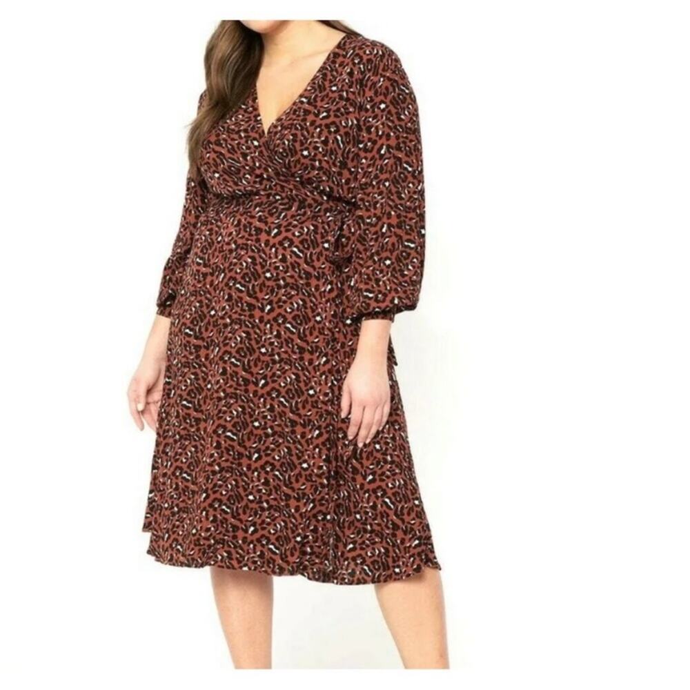 NWT Eloquii Womens ~Cheetah Wrap Dress‎ Size 20 Brown Print Leopard Long Sleeve